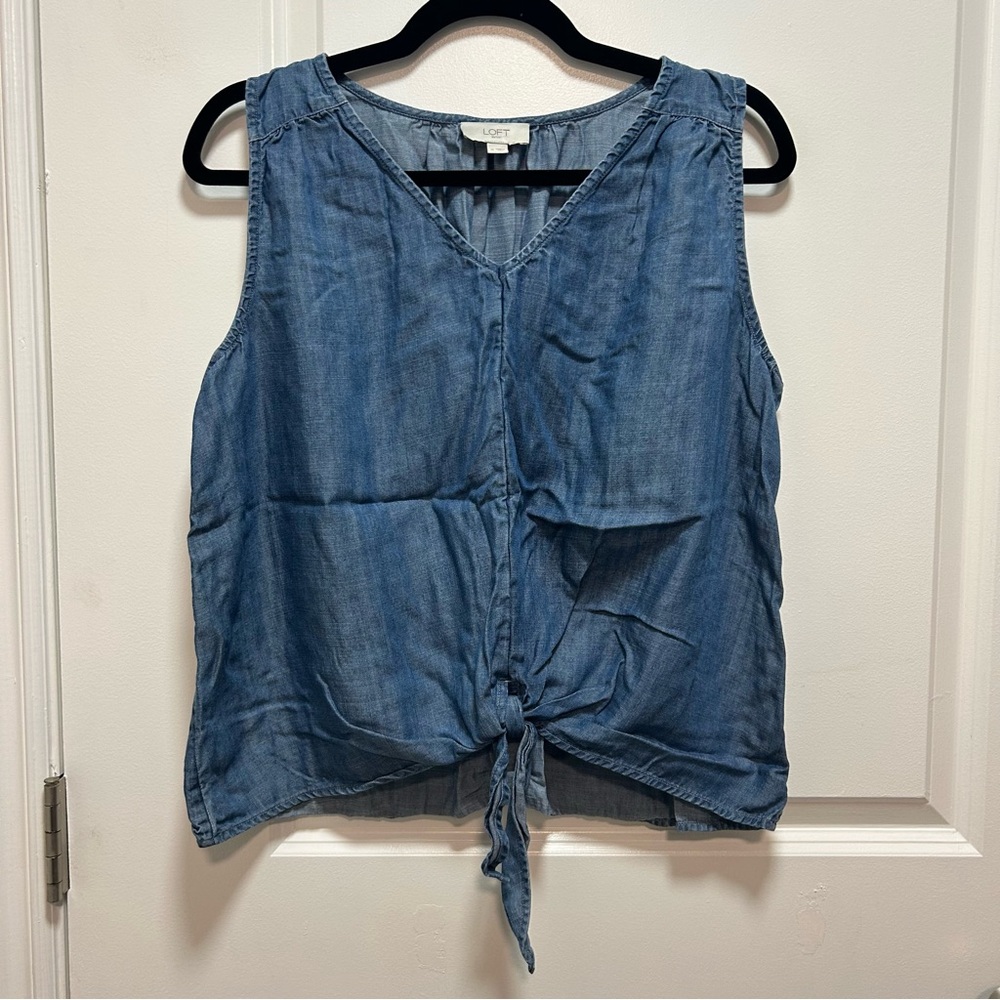 LOFT Blue Tie-Front Sleeveless Chambray Top
